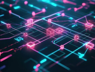 Leinwandbilder - Abstract digital network diagram with glowing nodes and connections on dark background
