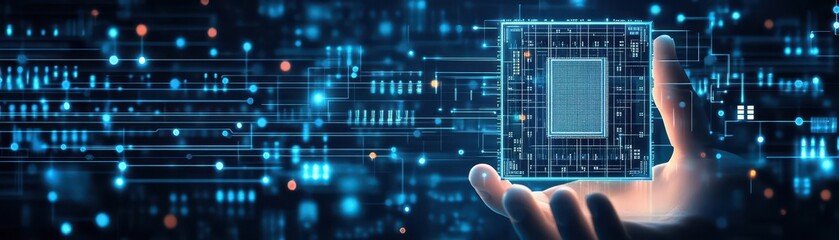 Fototapete - Abstract digital semiconductor hologram in technology hand Humanoid hand holding computer chip AI innovation concept Tech bg Artificial Intelligence Science background