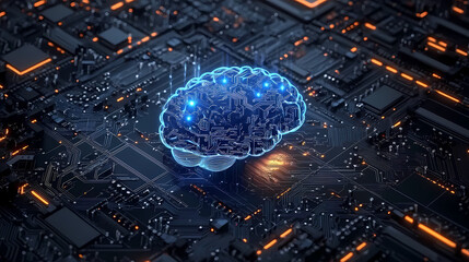 Circuit Board with Glowing Brain Pattern