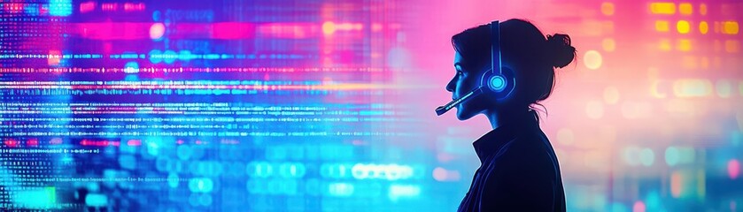 AI for multilingual chatbots focus on translation, ethereal, silhouette, international call center backdrop