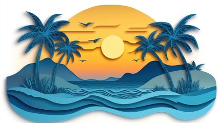 Fototapete - Dreamy tropical island landscape in layered paper cut style showcasing palm trees and a golden sunset over blue waves