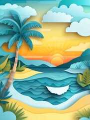 Fototapete - Dreamy tropical island sunset with layered paper cut style depicting palm trees and blue waves
