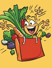 Poster - Cheerful cartoon groceries joyfully jumping into a shopping bag in a bright and colorful market