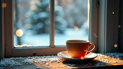 Aufkleber - Warm cup of comfort on a snowy window sill during a winter morning
