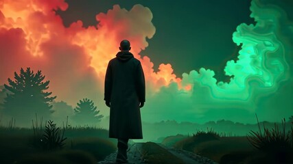 Poster - Solitary figure journeys towards vibrant, otherworldly clouds on a mysterious path.