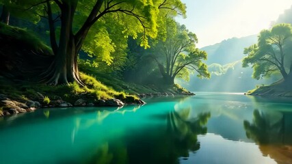 Poster - Tranquil Teal River Flows Through Lush Green Forest in the Sunlight
