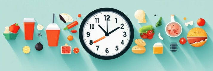 Leinwandbilder - Creative clock design featuring food icons for fast grocery delivery in a modern style