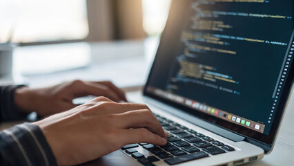 software developer is typing code on laptop screen, focusing on programming tasks. workspace is mini