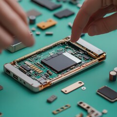 Poster - Disassembling Smartphone: Close-up of Hand Repairing or Inspecting an Open Mobile Phone on a Teal Surface with Parts