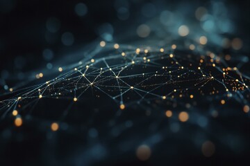 Abstract Network Mesh with Golden Nodes Glowing on Wavy Surface