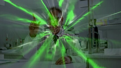 Canvas Print - in laboratory, scientist interacting with glowing green animation holographic data