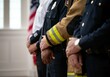 © SERHII - Memorial Day moment of silence. Diverse group of uniformed first responders standing together indoors