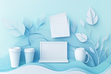 Leinwandbilder - Modern office elements arranged in a clean paper art style background featuring laptops and coffee cups in soft blue tones