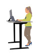 © Creative_Juice_Art - Young business woman working at ergonomic workstation vector flat illustration. Contemporary office furniture with computer and laptop isolated on white. Female standing at the desk side view.