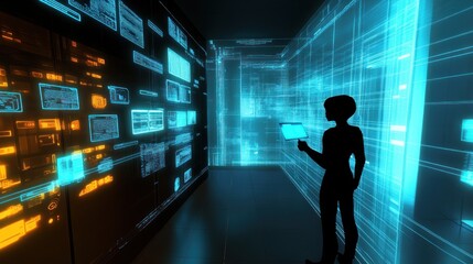 Futuristic Data Analyst Exploring Digital Interface Walls