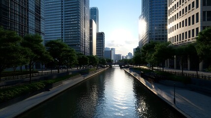 Wall Mural - urban canal sunset cityscape serenity.