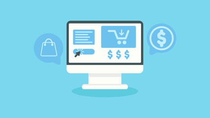 Monitor screen with shopping web view, make lots of money and business. Vector illustration in flat design style