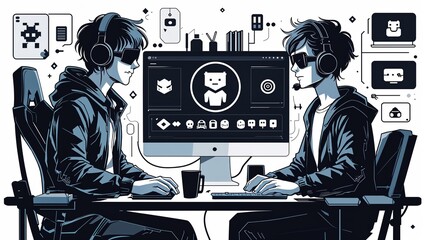A non binary video game developer in Black characters and objects on a white background