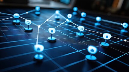 Social media network, data connections, global communication, in a modern setting. Use for website design, marketing, or technology illustration