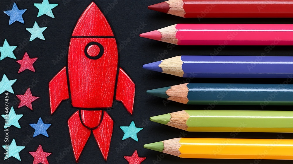 Red Rockets Or Shell Drawing Red rocket ship drawing with colored pencils and stars. Stock Photo ...