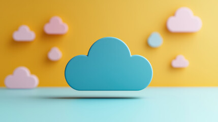 Wall Mural - a blue cloud shape stands out against vibrant yellow and blue background, surrounded smaller pink cl