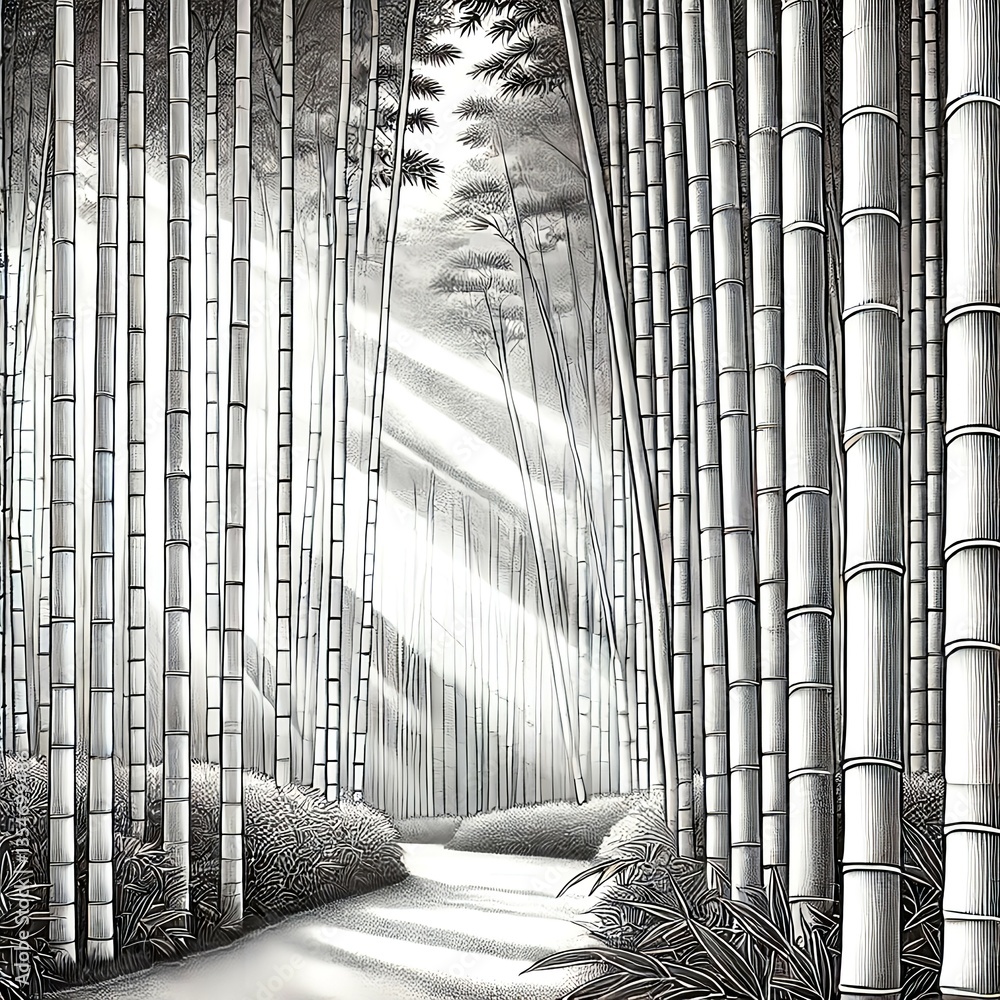 竹林の風景イラスト(白黒塗り絵用)|Bamboo Forest Landscape Illustration (Black and White ...