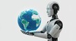 © Yaren Aysan - Futuristic robot holding a glowing digital world, symbolizing global connection and advanced technology in a clean environment