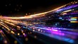 © Yuliia - Glowing light trails with vibrant blue and purple streaks create dynamic motion effect against dark background, abstract technology concept for digital transformation.