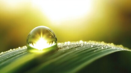 Aufkleber - Close-up macro shot of a dewdrop on a fresh green wheat leaf with soft lighting and vibrant reflections in a serene natural setting