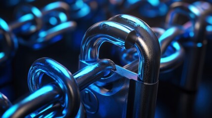 Poster - Close-up of interconnected metallic padlocks and chains under blue light, symbolizing security and connection.