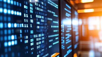 Data flowing on server screens in a row, server room; blurred corridor, warm light background