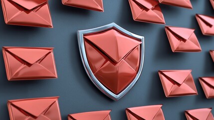 Poster - Red email envelopes surrounded by a protective shield, symbolizing email security and data protection.