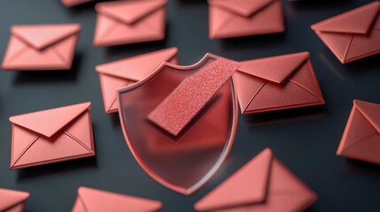 Poster - Glass shield protecting red email envelopes on dark background; concept of email security.