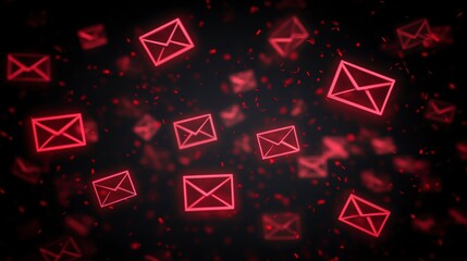 Poster - Red glowing email icons floating in dark space, representing digital communication and online messaging.