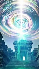 Wall Mural - vertical 9:16 A swirling vortex of galaxies and nebulae forms above an ancient stone temple, sending beams of iridescent light cascading down onto the ruins. Cosmic energy crackles