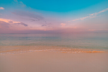 Wall Mural - panoramic beach landscape closeup sea waves soft sand. inspire tropical seascape horizon. pink gold 