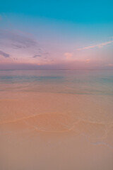 Wall Mural - panoramic beach landscape closeup sea waves soft sand. inspire tropical seascape horizon. pink gold 