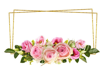 Wall Mural - pink roses and eustoma flowers with yellow limonium in a line floral arrangement with golden geometr