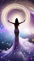 Wall Mural - vertical 9:16 A radiant astral goddess with flowing cosmic hair weaves constellations into existence with her celestial fingertips. Stars spiral outward from her hands, forming new galaxies