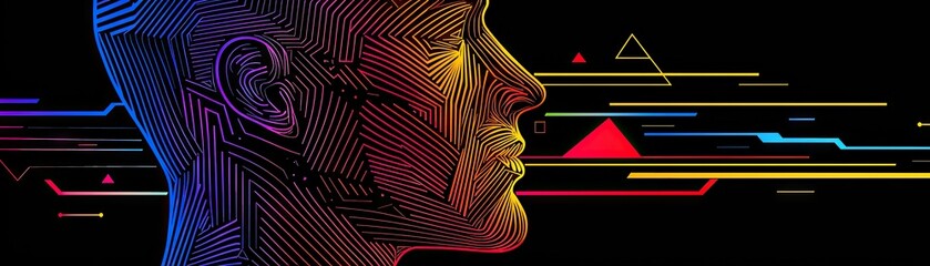 Wall Mural - digital human head profile with colorful tech pattern on black, ai art use