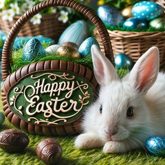 Wall Mural - easter bunny with its eggs