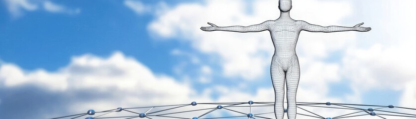 Wall Mural - digital man standing with arms outstretched in the sky, connected to a network