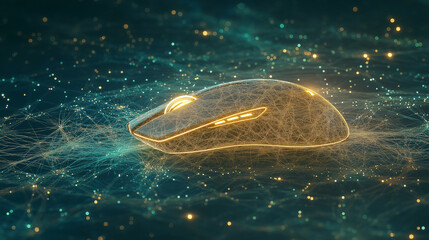 Digital Mouse in Cyberspace: A digital mouse floats amidst a vibrant, intricate network of luminous lines and dots, symbolizing the boundless potential of digital connectivity and computing power.