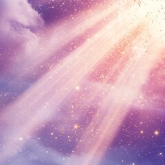 Aufkleber - Celestial Radiance: Ethereal Light Beams through Dreamy Pink and Purple Clouds with Sparkling Golden Dust.