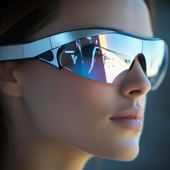 Fototapete - Futuristic Vision: Woman with High-Tech Smart Glasses Displaying a Digital Future and Reflecting the World Around Her