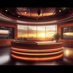 Poster - Modern Television Studio Set with Panoramic City View at Sunset, Ready for Broadcasting News.
