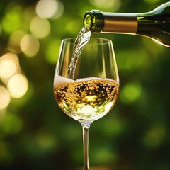 Leinwandbilder - Pouring Crisp White Wine: A Refreshing Moment in Nature's Embrace, Bubbles Dance in the Glass.