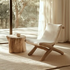 Aufkleber - Rustic Serenity:  A Simple Wooden Chair and Tree Stump Table Bathed in Soft Light Near a Large Window