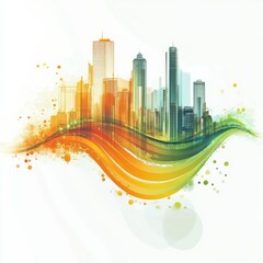 Poster - Vibrant Cityscape: Abstract Skyline with Watercolor Waves and Building Silhouettes Against a Clean White Background