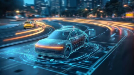 Poster - Futuristic self-driving car navigating a city street at night, shown with digital interface.
